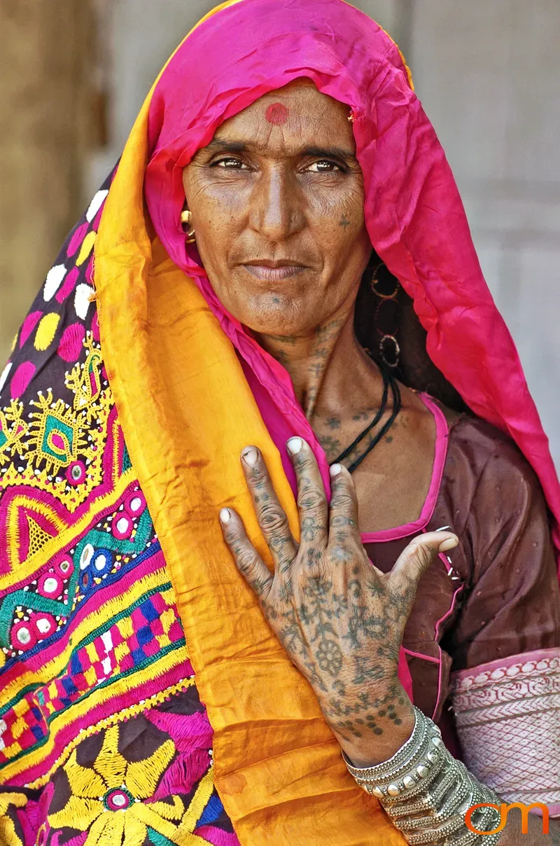 Portrait of Tattooed Woman Modeling Antique Sari